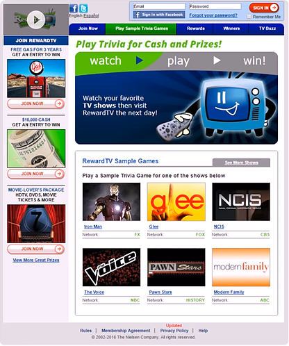 screenshot of RewardTV trivia site
